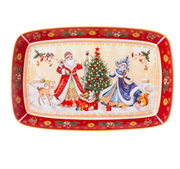  Блюдо 30*19*4см Дед Мороз и снегурочка прямоуг. красн 85-1725