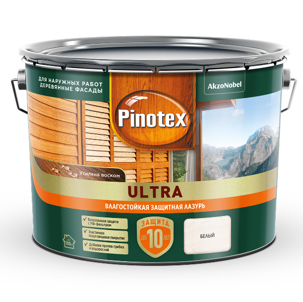  Влагостойкая лазурь Pinotex Ultra 9л белая 