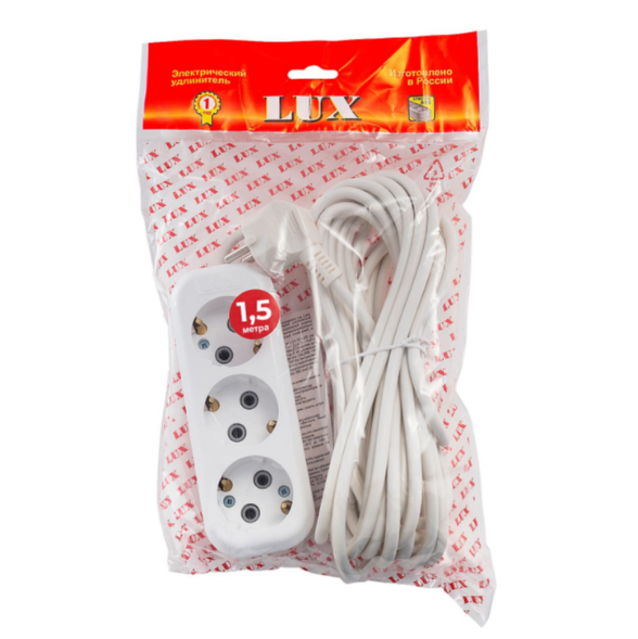  Удлинитель 3-местный 1,5м с/з 10А LUX У3-Е10-02/1,5
