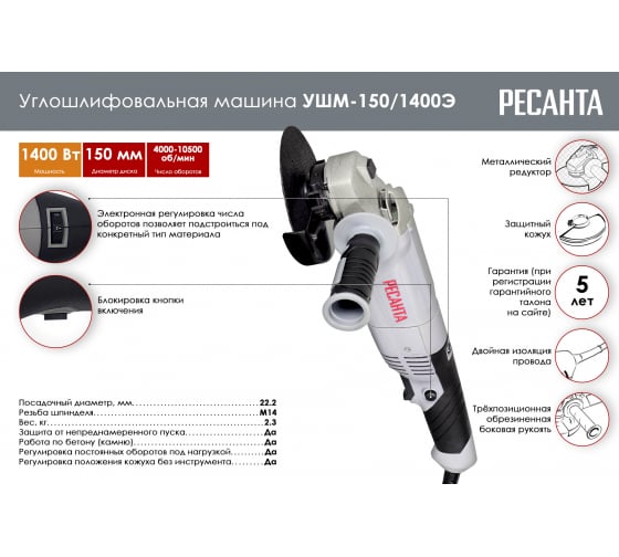  УШМ 150мм 1400Вт УШМ-150/1400 Ресанта 75/12/7
