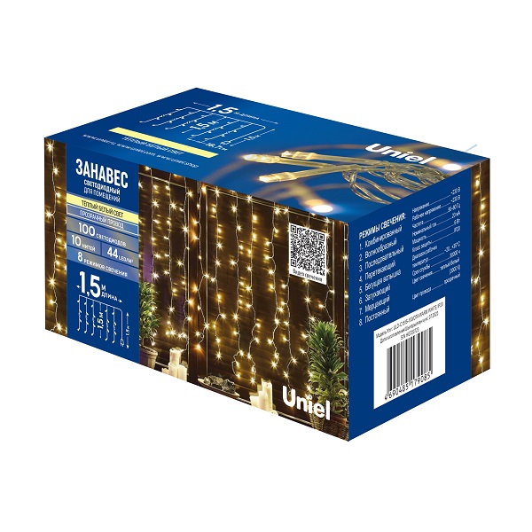  Гирлянда св/д занавес 1,5х1,5м 100LED тепл.бел IP20 ULD-C1515-100/DTA Warm White Uniel