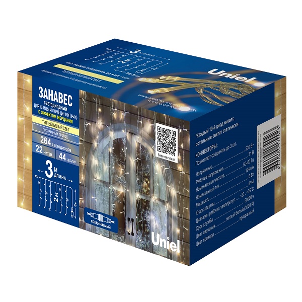  Гирлянда св/д занавес 3х2м уличная 264LED тепл белый IP44 ULD-C3020-264/TTK WARM WHITE