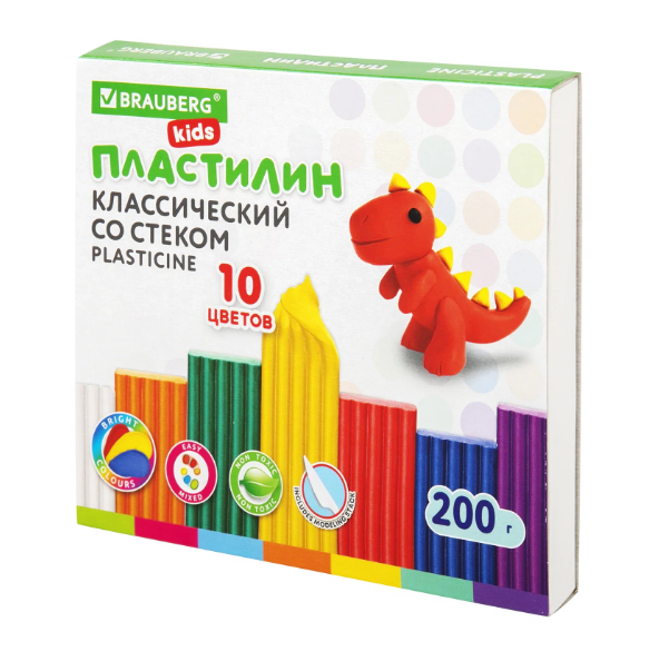  Пластилин 10цв Brauberg Kids 200г, со стеком 106504