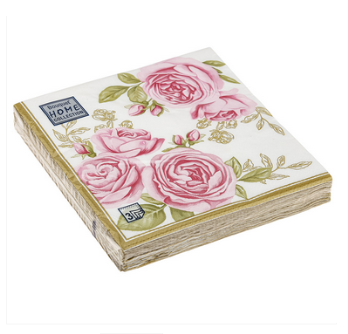  Салфетки бумажные 3-х слойные 33х33см 20шт РОЗА С ЗОЛОТЫМИ ЛИСТЬЯМИ Домашний Букет КК