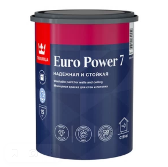  Краска в/д для стен и потолков моющаяся матовая 0,9л Euro Power 7 A Tikkurila
