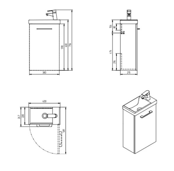  Комплект раковина Lara 40 бел + смеситель Moduo 40 сифон Cari дозат