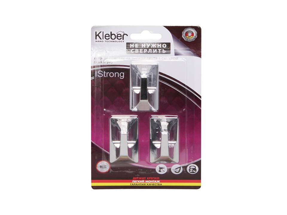  Крючки Kleber пластик на липкой ленте 5 см, хром 3 шт. KLE-SG002