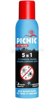  Инсектицид Picnic Extreme спрей 5в1от комаров,мошек,клещей 150 мл