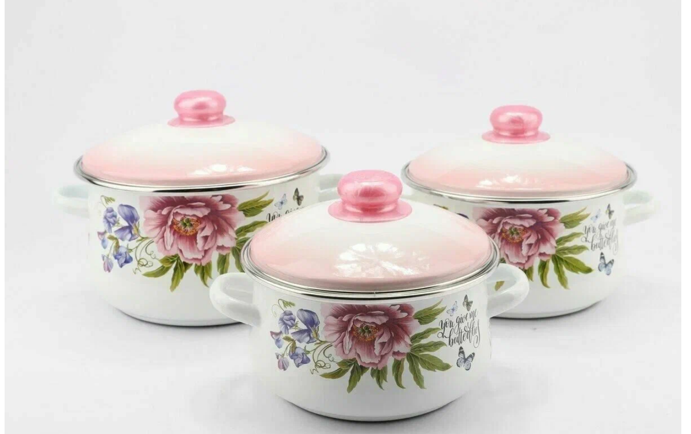  Набор кастрюль эмалир Розовый бутон белый 7-330/6 109773