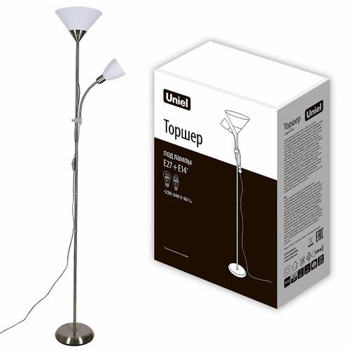  Торшер 2*60Вт Е27+Е14 серебристый/белый UML-T520 Uneil