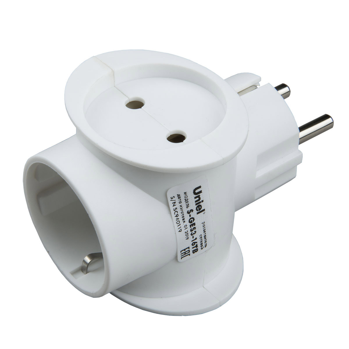  Тройник 1с/з+2б/з 16А белый 3500Вт S-GES3-16TB Uniel 06707